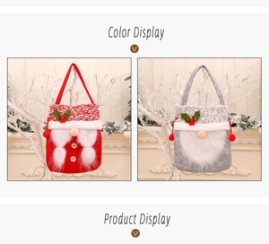 Detail view of red and grey felt Christmas gnome gift bags with fur beards and handles