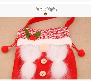 Detail of Christmas apple bag with gnome elements, wood button and pompom drawstring