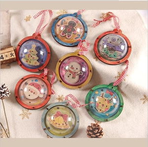 Christmas Diy Wooden Hanging Ornaments Transparent Dome Pendant Santa Snowman Deer Illustration Checkered Ribbon Decoration