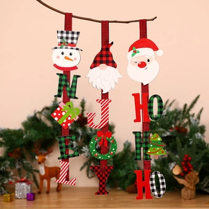 Insegna Sospesa Natalizia Verticale in Legno Con Babbo Natale Pupazzo di Neve Gnomo Alfabeto JOY NOEL HO HO HO Plaid Nastro Decorazione Porta Parete