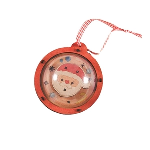 DIY Wooden Christmas ball ornament with Santa motif and red checkered ribbon hanging loop