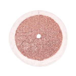 Detail of rose gold sequin Christmas tree skirt with plush white faux fur trim