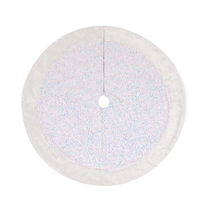 Detail of white faux fur Christmas tree skirt with shimmering pink sequin center