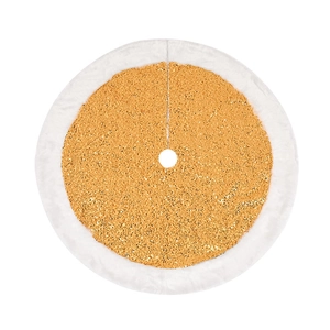 Detail of gold sequin Christmas tree skirt with plush white faux fur border