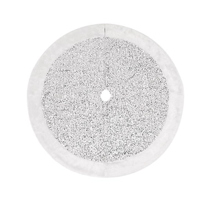 Detail of silver sequin Christmas tree skirt with luxury white long plush faux fur border