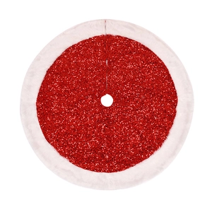 Red sequin Christmas tree skirt with white faux fur trim on a clean white background