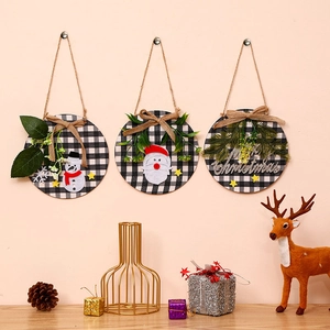 Three-piece set of wooden Christmas door hangers with buffalo plaid and Santa snowman patterns