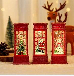Three red Christmas telephone booth lamps with Santa and snowmen scenes and LED lights