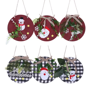 Set of 6 Christmas wooden door signs with plaid patterns, Santa, and reindeer motifs