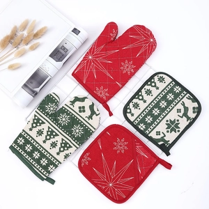 Christmas kitchen set with 2 insulated oven mitts and 2 pot holders in festive deer print