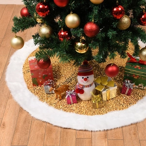 Champagne gold sequin Christmas tree skirt with plush white faux fur border trim
