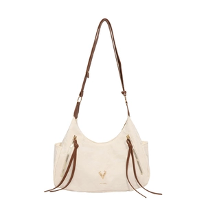 Sac à bandoulière chic crème de style français avec emblème de cerf doré et cuir brun