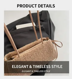 Gros plan sur la texture en peluche beige et les détails du zip de ce sac à main chic