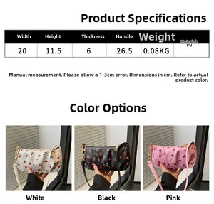 Detailed size parameters and color options for cherry print pleated PU underarm bag