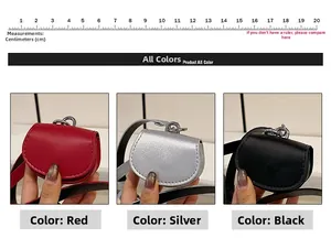 Detailed comparison of mini waist bags in red, silver, and black with size scale guide