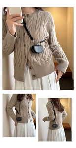 Detailed views of a mini semi-circle leather waist bag for keys and lipstick
