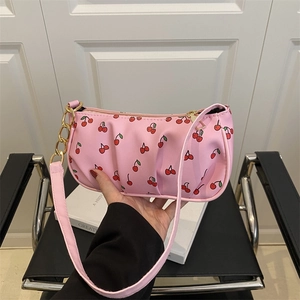 Women Cherry Print Ruched Underarm Bag Fashion PU Leather Shoulder Bag With Gold Chain Decoration Trendy Sweet Handbag
