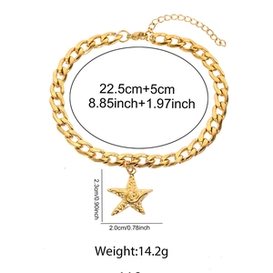 Detailed size view of gold starfish anklet with Cuban chain and starfish pendant dimensions