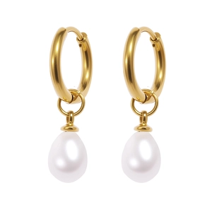 Elegant gold hoop earrings featuring white teardrop faux pearls on a clean white backdrop