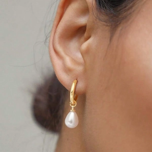 Elegant Stainless Steel Hoop Earrings With Teardrop White Imitation Artificial Pearl Pendants Minimalist Daily Jewelry For Women