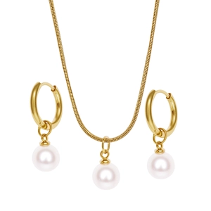 Ensemble de bijoux en acier plaqué or 18 carats avec pendentifs de perles blanches