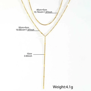 Detail view of double-layer gold Y-necklace with sequins and size specifications