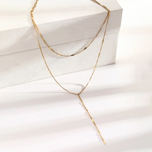 Elegant gold double-layered Y-shaped stainless steel necklace with sequin charms