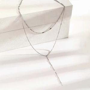 Minimalist double layer stainless steel Y-shaped tassel necklace for women on white display