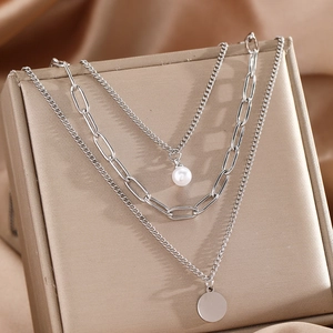 Three-layer silver stainless steel necklace with paperclip chain and round pearl pendant