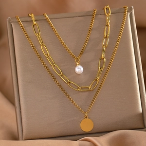 Layered Necklace Stainless Steel Multi Layer Paperclip Chain With Faux Artificial Pearl And Round Disc Pendant Fashion Jewelry For Women