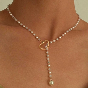 Collier En Forme De Y Avec Pendentif Cœur Creux En Acier Inoxydable Et Künstliche Perle Fausse Bijoux Élégants Pour Femmes