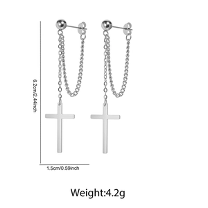 Detail view of gothic stainless steel cross drop earrings with size and weight specs