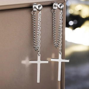 Stainless Steel Cross Pendant Chain Drop Earrings Retro Punk Gothic Style Minimalist Jewelry For Women Men