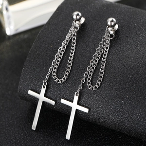 Retro stainless steel cross chain drop earrings with polished ball studs and silver finish