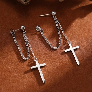 Vintage stainless steel cross pendant drop earrings with chains for women on brown velvet