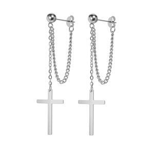 Minimalist stainless steel silver cross chain earrings for women in a polished retro design