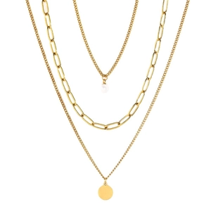 Three-layer gold stainless steel necklace with pearl and round pendant in a layered style