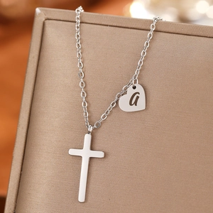 Stainless steel necklace with polished cross pendant and heart letter A charm for women