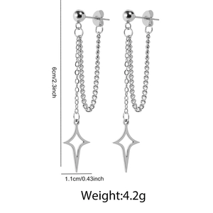 Detail view of steel star pendant earrings with size measurements in centimeters