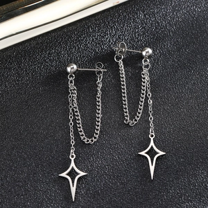 Detail of star pendant long tassel earrings in polished stainless steel on black background