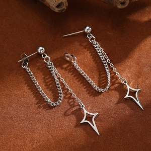 Silver stainless steel star pendant long chain tassel earrings on brown suede surface