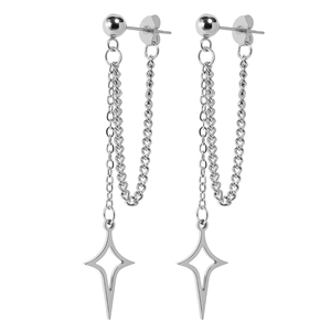 Silver stainless steel long chain earrings featuring hollow star pendants and tassels