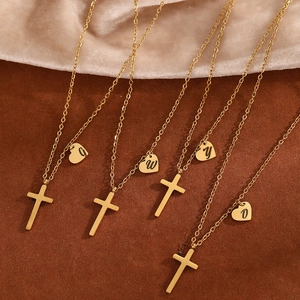 Gold stainless steel necklace set with cross and heart letter charms on o-link chains