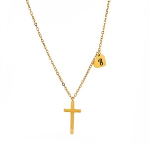 Gold stainless steel necklace featuring a cross pendant and heart charm with letter B