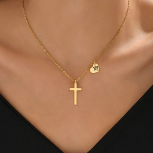Stainless Steel Cross Heart Pendant Necklace With Initial Letter Simple Fashion Clavicle Chain Jewelry For Women