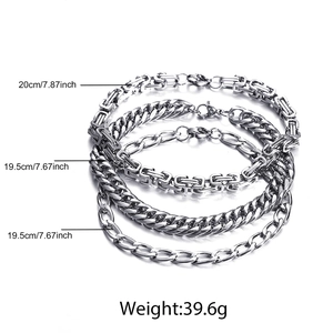 Three-piece stainless steel set with Byzantine, Cuban, and horseshoe chain bracelets