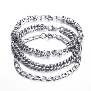 Polished silver stainless steel layered bracelet set with Byzantine and Cuban link chains