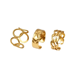 Three-piece set of golden stainless steel hollow geometric rings with adjustable design