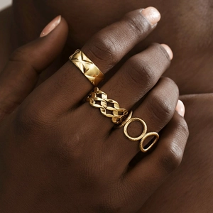 Ins Style Stainless Steel Hollow Geometric Open Adjustable Ring Collection Quilted Chain Design Gold Silver Rings For Women Jewelry