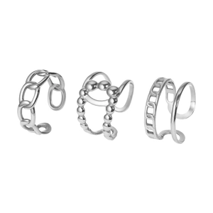 Three-piece silver stainless steel jewelry set with woven chain and hollow cuff rings